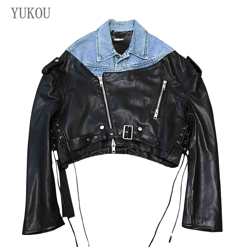 

Woman Coats 2021 YUKOU High-Quality Sheepskin Leather Jacket Stitching Denim Female Real Sheepskin LeatherJackets Best Sellers