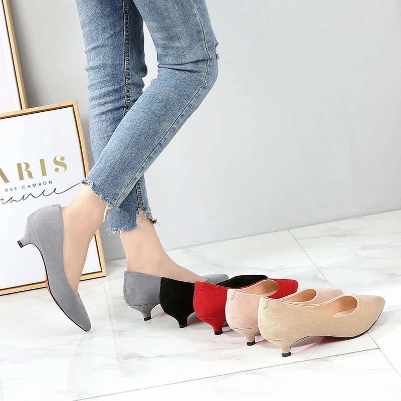 Big Size 34-43 Woman Shoes Flock Leather Med High Heels Women Pumps Stiletto Women's Work Shoes Pointed Toe Wedding Shoes F0004 4
