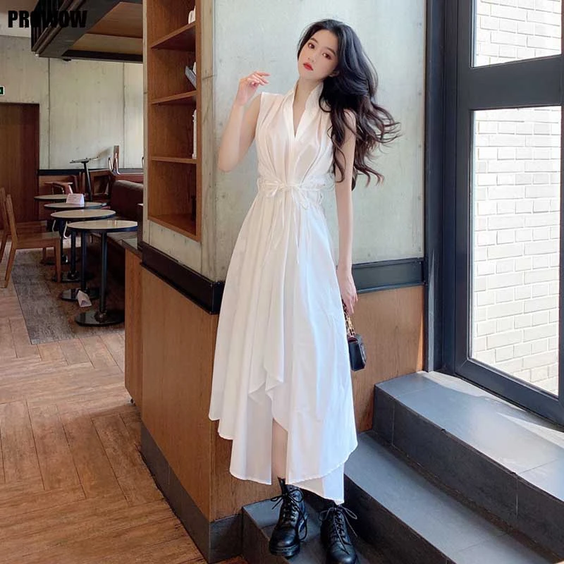 French White Sleeveless Dress For Women Summer Korean Vintage High Waist One Piece Dresses Female Elegant Party Dresses New Dresses Aliexpress