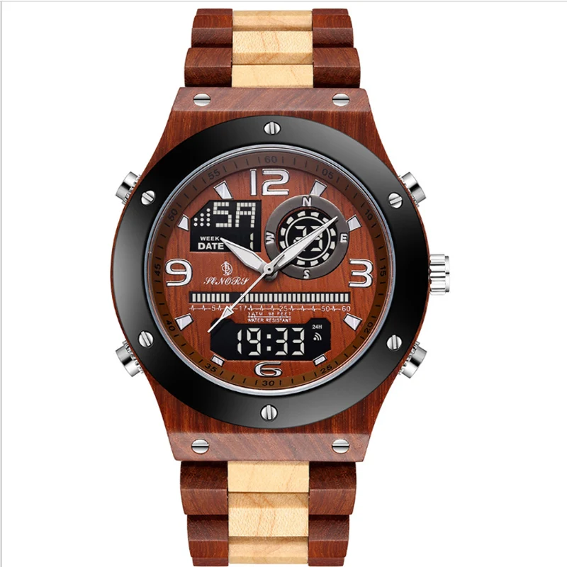 Men'sSandalwood Bamboo Double Display Quartz Watch Student Luminous Waterproof Sports Multifunctional Watch Men's Wood Watch