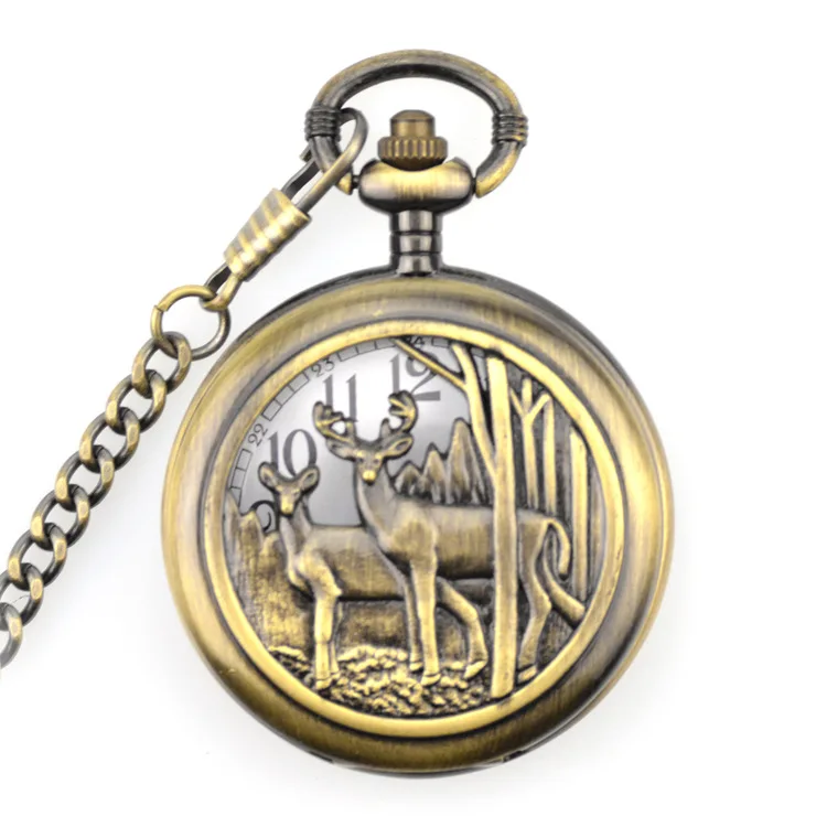

Hot Sale Bronze Quartz Pocket Watch Deer Pattern Mens Pocket Watches Steampunk Fob Chain Clock Best Gift for Men Women