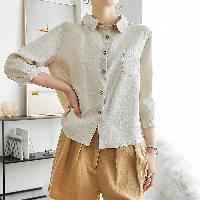 

2020 Summer Autumn Women's Short-Sleeved Shirt Classic Fashion Cotton Linen Sweat-Absorbing Lapel Loose Solid Color Base