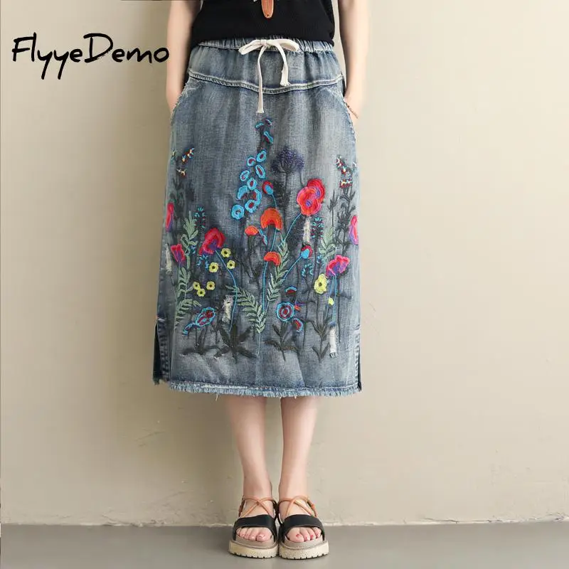 Высококачественная Свободная Повседневная новая джинсовая юбка с цветочной вышивкой и завязками в стиле бохо, осенняя Свободная юбка с цветами размера плюс
