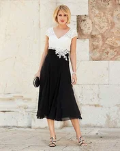 V Neck Mother Of The Bride Dresses For Women's Tea Length Ivory Lace Top Chiffon Formal Dresses 2021