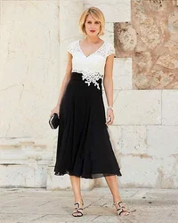 V Neck Mother Of The Bride Dresses For Women's Tea Length Ivory Lace Top Chiffon Formal Dresses 2021