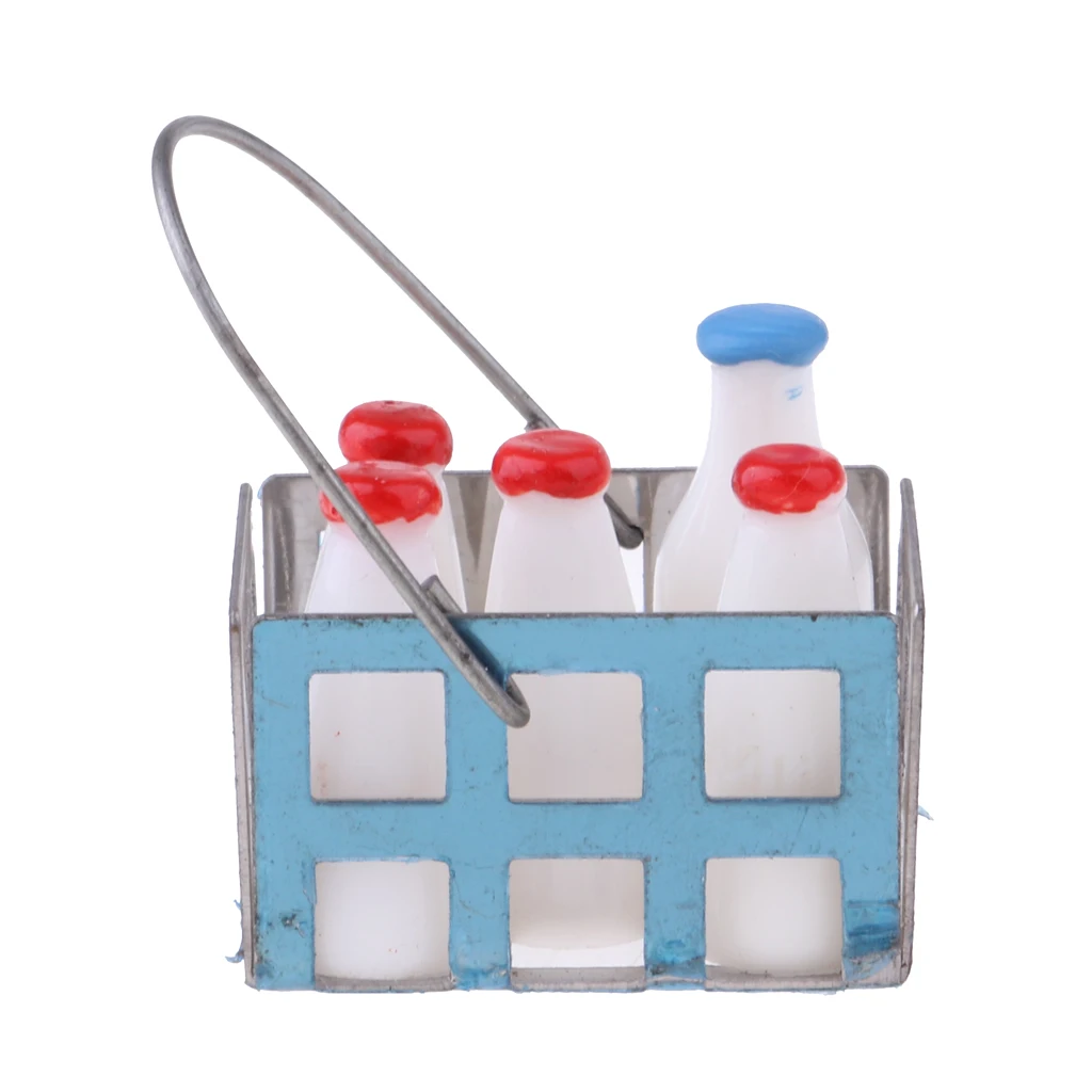 Miniature Milk Bottles and Metal Basket for 1/12 Dolls House Kitchen Decoration