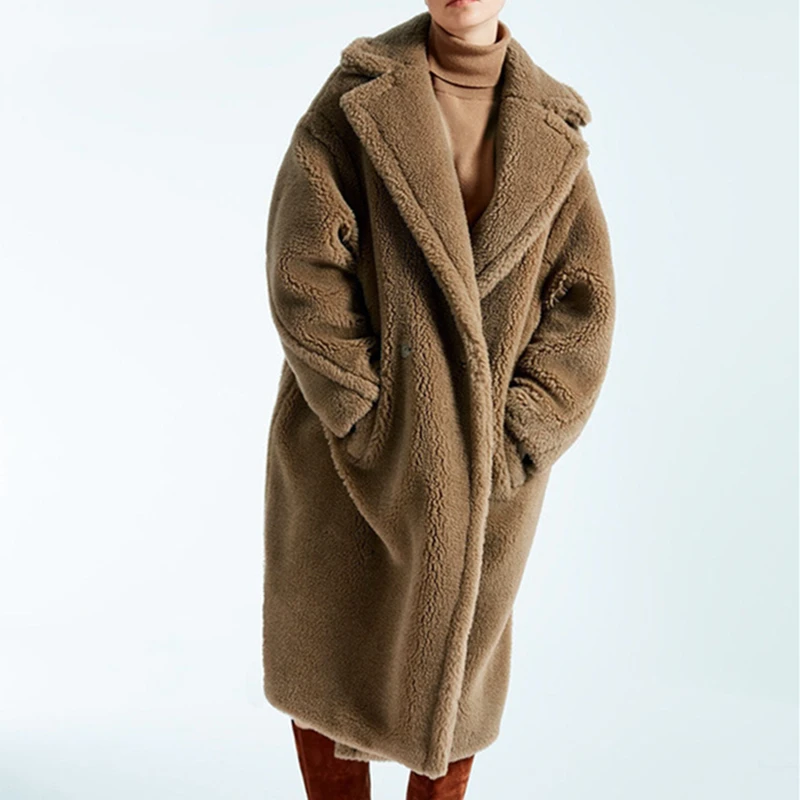 Зимнее женское пальто из искусственного меха, длинное теплое пальто с отворотом, искусственный мех, плюшевый медведь, черная Толстая Меховая куртка размера плюс, женские красные пушистые меховые куртки - Цвет: Apricot