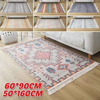 

Retro Bohemian Hand Woven Cotton Linen Carpet 60X90/50X160CM Used in front of bed Living Room Rug Bedside Rug Geometric FloorMat