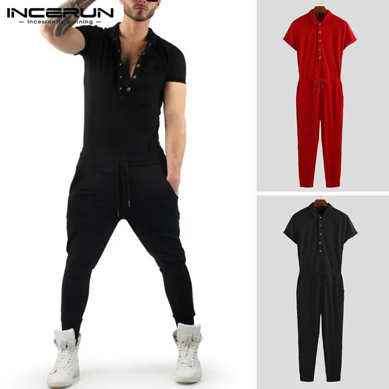 INCERUN Men Jumpsuit Solid Shortsleeve Slim Bodybuilding Pants Rompers