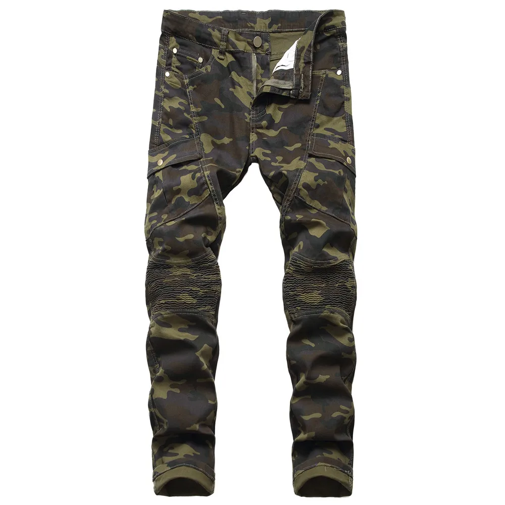 

New Jeans Men Biker Stretched Camouflage Jeans Streetwear with Pleated Joggers Slim Jean Men's Scratched Pants Pantalones Hombre