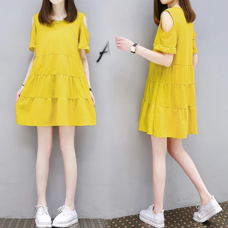 

Large Size Dress Chubby Size Sister 2019 Summer New Style Women's off-Shoulder Loose-Fit Slimming Tibetan Meat Cover Belly Dress