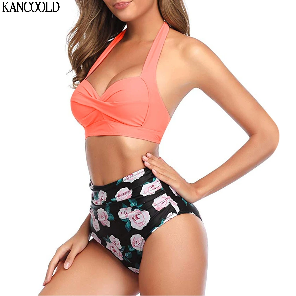

KANCOOLD Swimwear Women Vintage Swimsuit Two Piece Retro Halter Ruched High Waist Print Bikini Set Bikini 2020