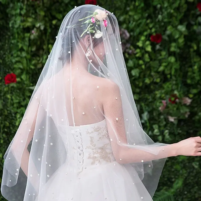 

One-Layer 1.5m Women Soft Mesh Short Wedding Veil Cover Face Imitation Pearl Beaded Embellished Jewelry Bridal Hair Accessories