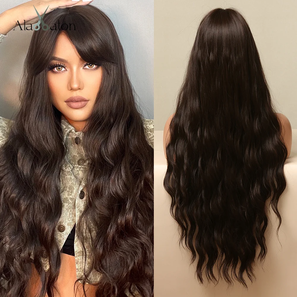 ALAN EATON Dark Brown Long Water Wave Synthetic Hair Wigs for Black Women Cosplay Party Wigs with Bangs High Temperature Fiber электроника iao the alan parsons project eye in the sky original master recording black vinyl 2lp