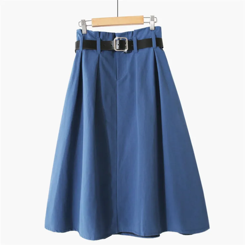 

New Spring Autumn Midi Long Skirts Women High Waist Sashes Skirt Female All Match A Line Skirt Student Solid Blue Skirt AB1588