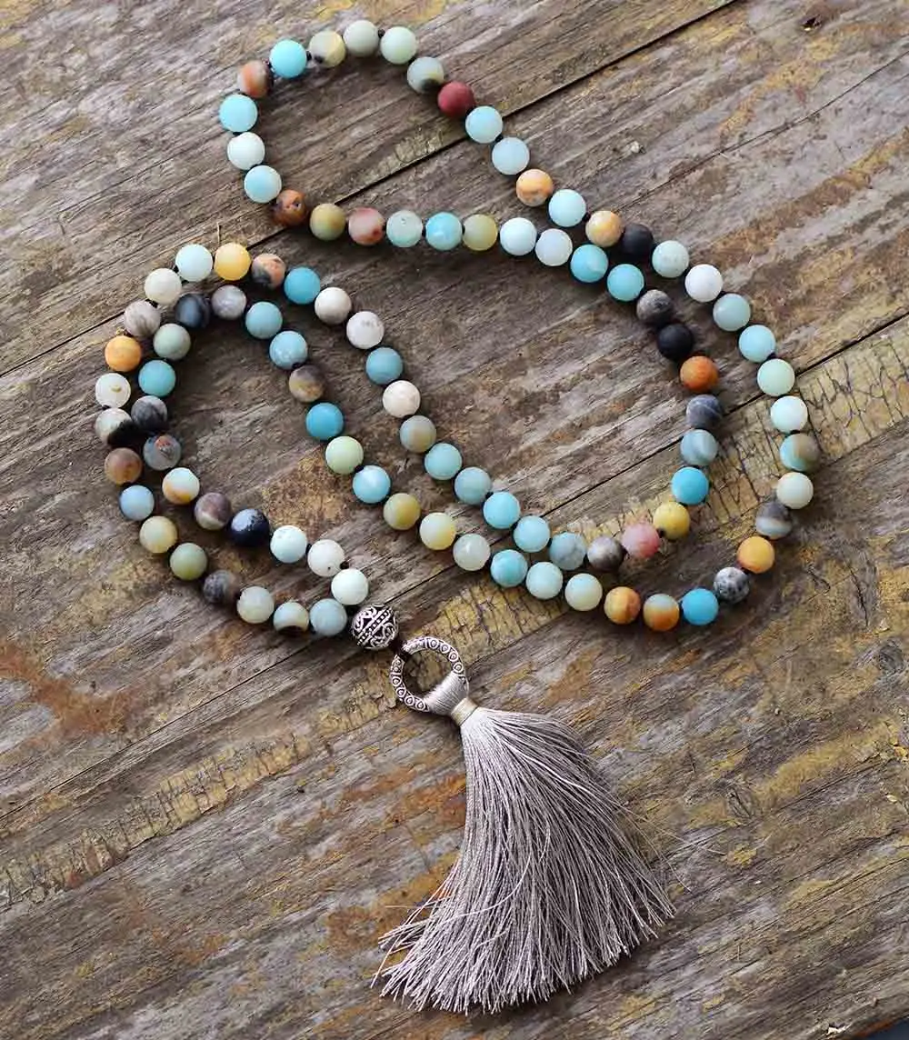 Vintage 8MM Matte ite Tibetan Charm Tassel Necklace Women Beaded Designer Necklaces