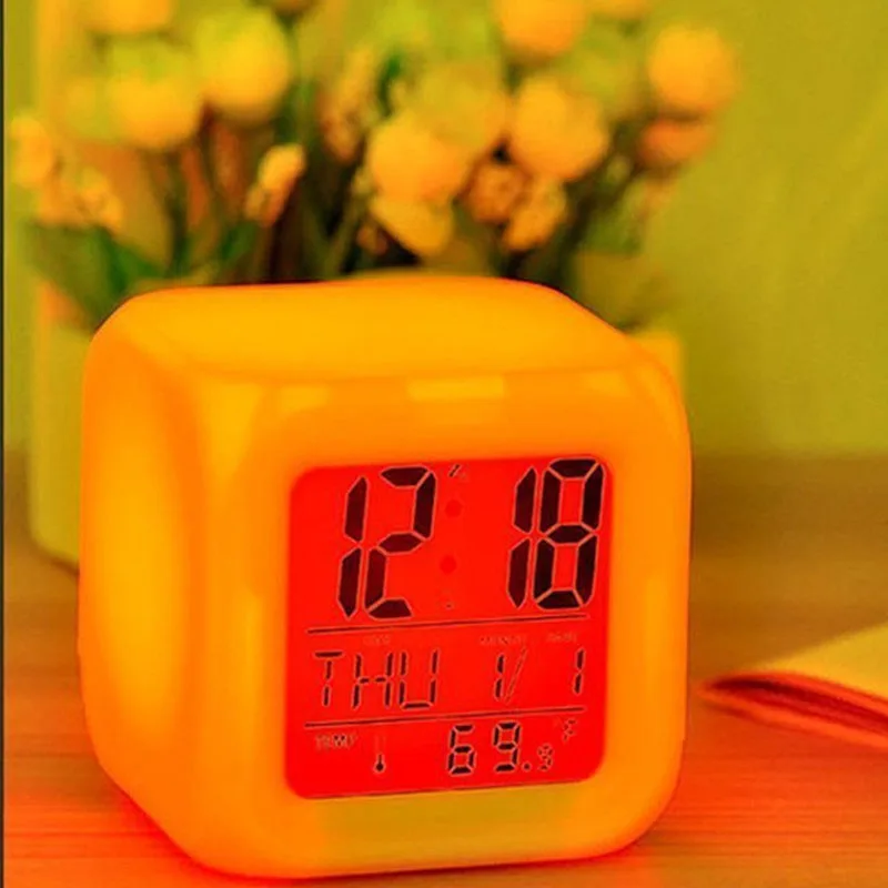 7 цветов цифровые светодиодные часы цифровой светодиодный Будильник с термометром ночной светящийся куб электронные гаджеты классный милый будильник