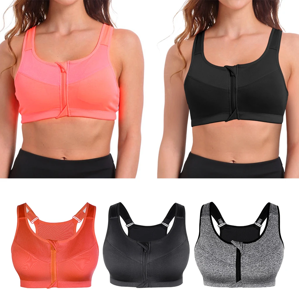 Womens Front Zip Sport Bra High Impact Support Workout Yoga Shock Absorber Adjustable Straps Push Up Bra Seamless Fitness