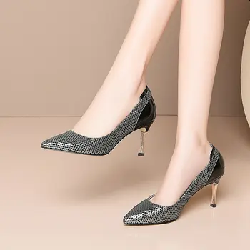 

Sexy Pointed Toe Party Women Pumps Genuine Leather 7.5 Cm High Heel Slip-On Shoes Basic Handmade Thin Heel Ladies Pumps