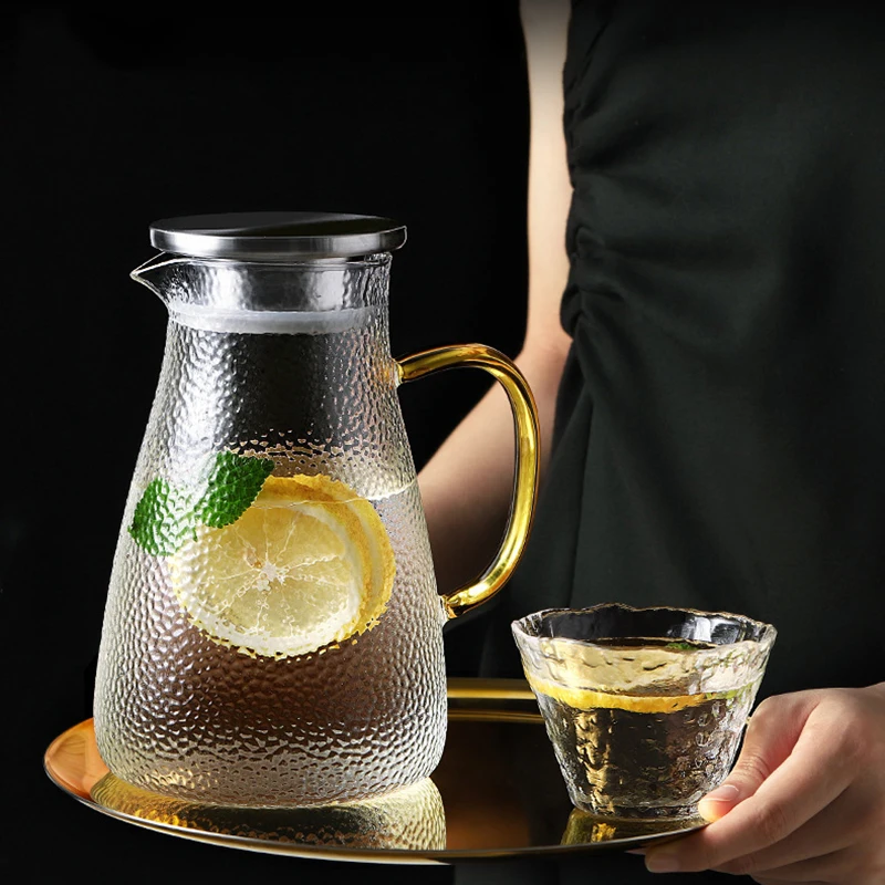 

Handmade Borosilicate Glass Water Carafe Great for Hot Cold Water Ice Tea and Juice Beverage Stainless Steel or Bamboo Lid