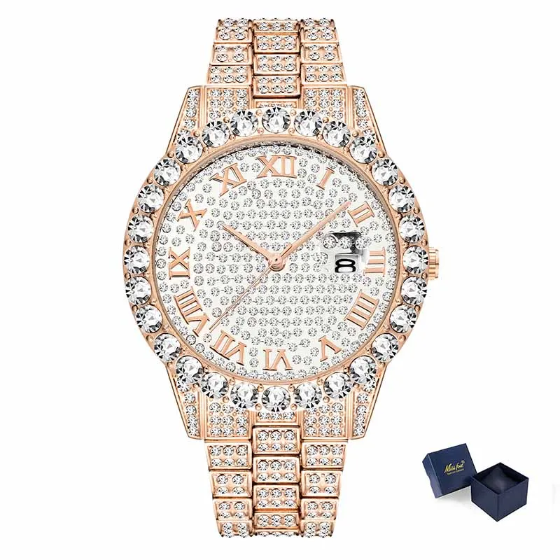 MISSFOX дропшиппинг часы мужские розовое золото с большим бриллиантом календарь Мужские часы лучший бренд класса люкс водонепроницаемые Iced Out часы горячая - Цвет: 2643-3