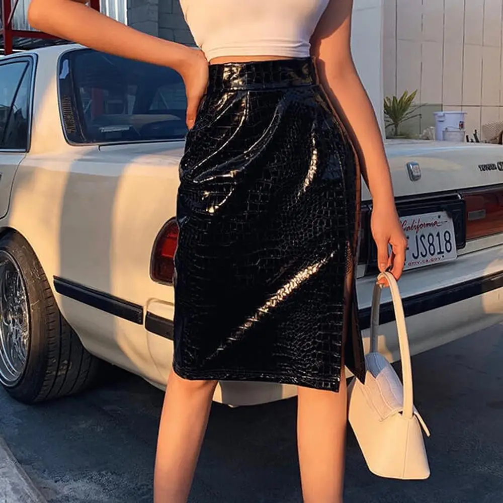 Сексапильная облегающая женская юбка с разрезом, модная, в богемном стиле, тонкая, однотонная, с крокодиловым принтом, имитация кожи, с высокой талией, Женская юбка