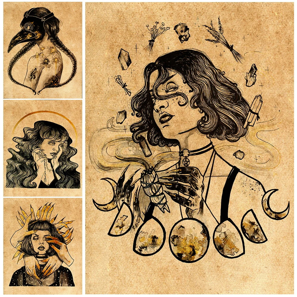 

2023 Wicca Moon Retro Witch Girl Wall Art Canvas Painting Decorative Little Wizard Pencil Drawing Poster And Print Decoration