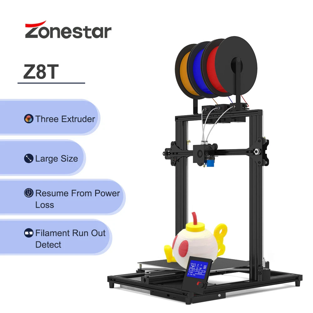 

Zonestar Z8T Large High Precision Resolution Super Quiet Easy To Install 3 In 1 Out Extrusion Automatic Color Mixing 3D Printer