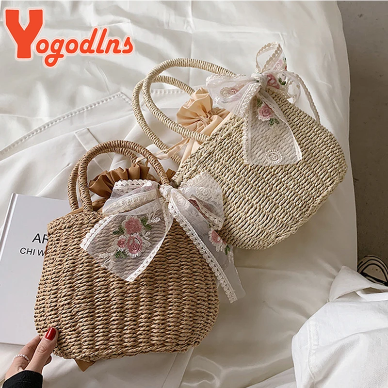 Yogodlns Summer New Lace Straw Handbag Female Large Capcacity Rattan Beach Bag Travel Vacation Bag Handmade Girl Bucket Bag Tote