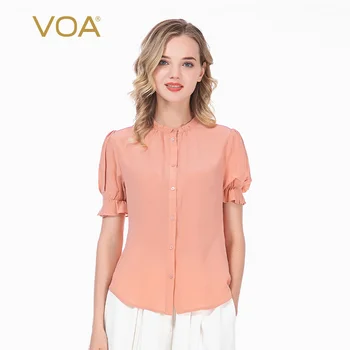 

VOA silk nude pink fungus stand collar princess sleeve single-breasted straight tube loose daily wild skin-friendly shirt BX52