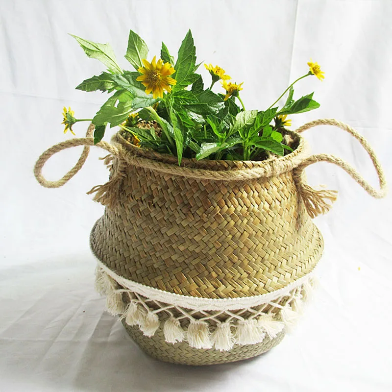 Primary Color TasselSeagrass Foldable Storage Baskets Nordic Laundry Straw Wicker Basket Handmade Flowerpot Home Decor | Дом и сад