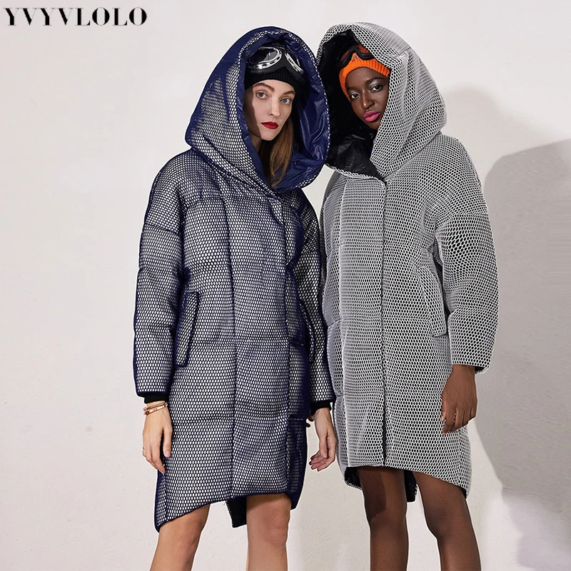 

YVYVLOLO 2019 Original Design 3D Grid Women Winter Jacket Hooded Parka Female Loose Down Plus Size Coat Warm Long Overcoat