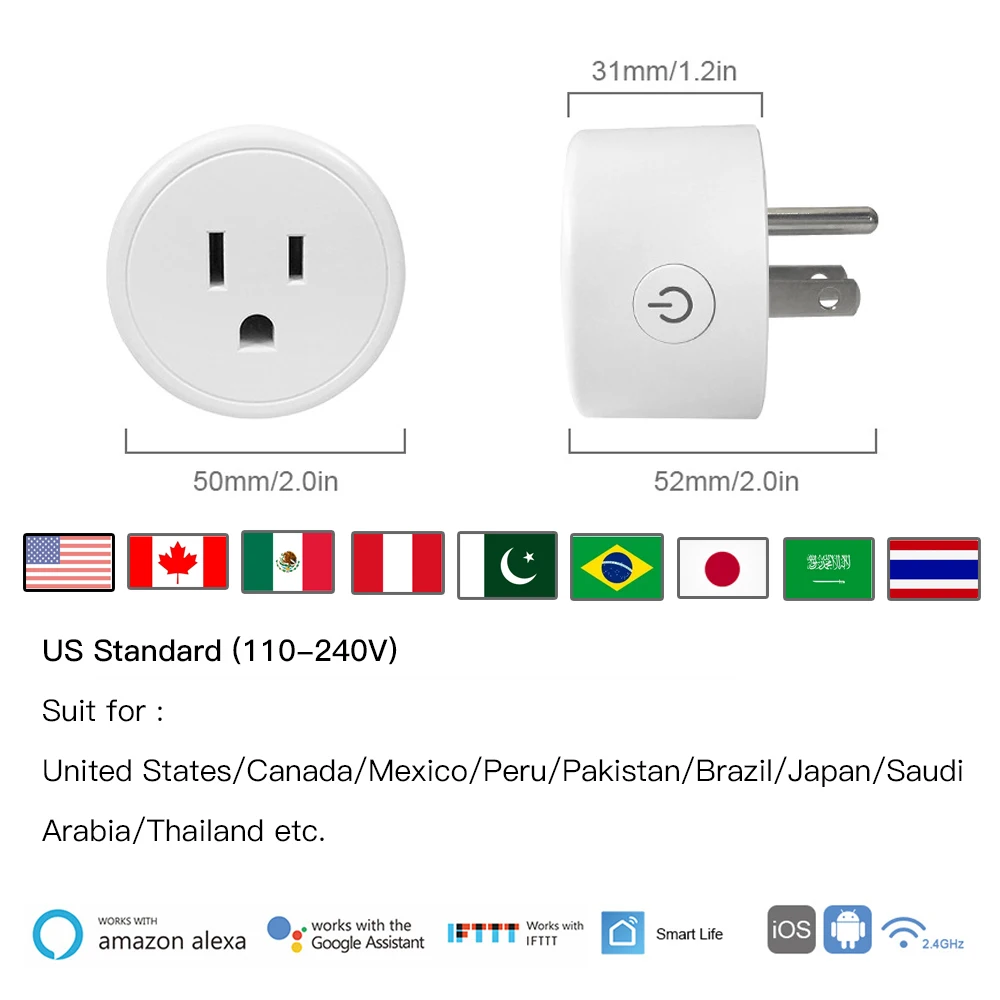 FrankEver Mini US Wifi Plug with Surge Protector 110-240V Voice Control Smart Socket Work with Alexa Google Home Tuya APP
