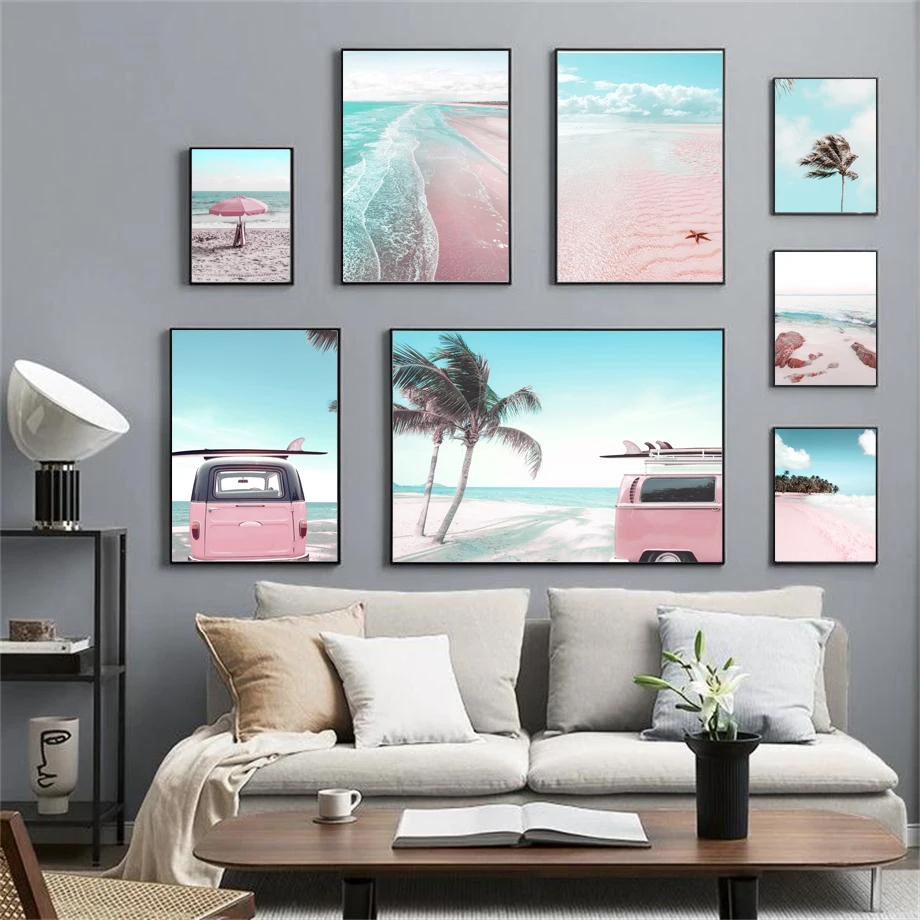 Sea-Beach-Pink-Parasol-Car-Coconut-Tree-Wall-Art-Canvas-Painting-Nordic-Posters-And-Prints-Wall (2)