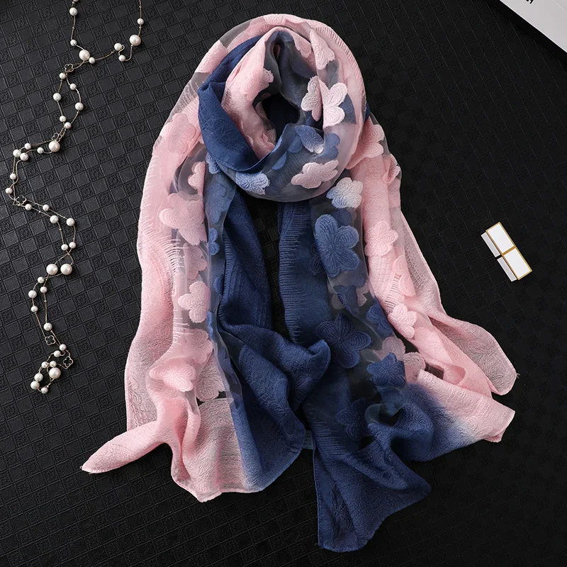 

2019 New Fashion Female Scissors Empty Buds Gradient Silk Scarf Spring Vest And Packing Towels Female Beach Sjaals