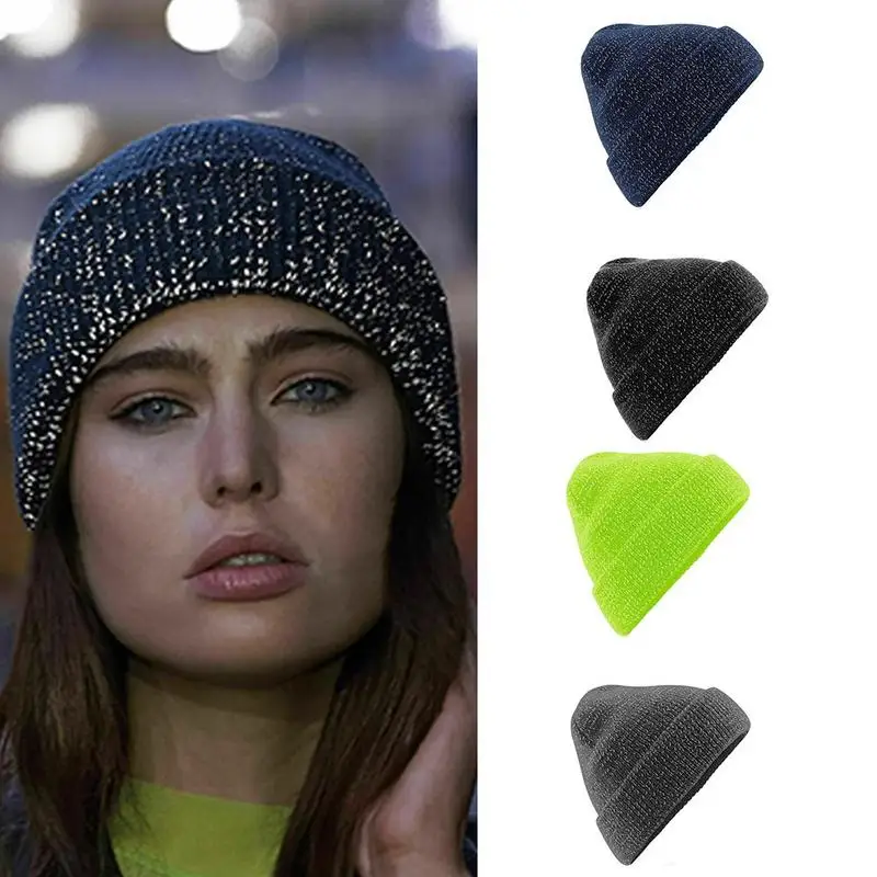 

Unisex Reflective Knit Wool Hat Reflective Mesh Beanie Warm Winter Night Running Cycling Walking Safety Caps for Man