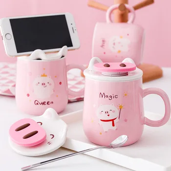 

Pink Colour Piggy Cartoon Ceramics Cup Bring Cover Bring Spoon Originality Mobile Phone Bracket Cup Lovely Girl Marc Cup