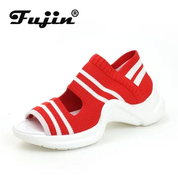 

Fujin Sandals Female 2020 Summer Knitted Sandals Female Breathable Mesh Thick Bottom Fashion Casual Muffin Thick Sponge Shoes