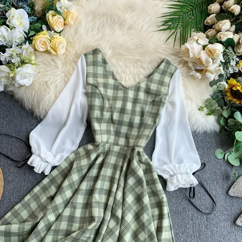 Foamlina/винтажное Стильное женское платье, сексуальное, v-образный вырез, 3/4 рукав, клетчатый принт, лоскутное, ТРАПЕЦИЕВИДНОЕ, Осеннее, до колена, Повседневное платье