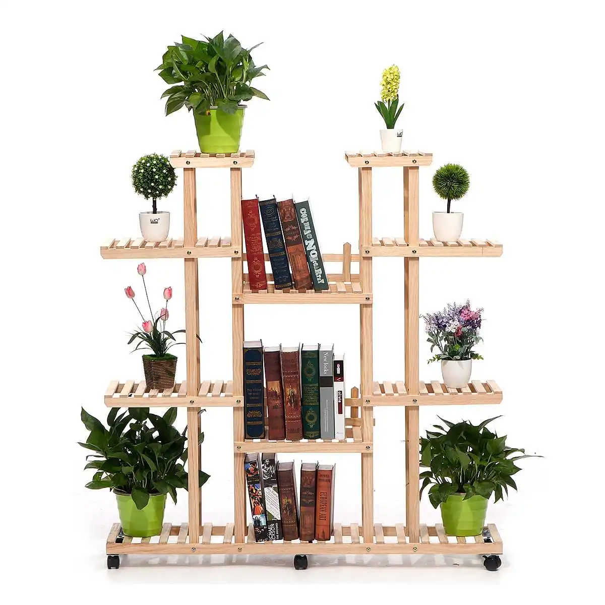 

Solid Wood Bookshelf Stand Shelf Book Flower Pot Display Rack Storage Shelves Wooden Organizer Indoor Outdoor Patio Decoration
