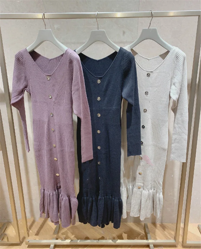 2021 New V-neck Chic Button Trumpet Dresses Autumn Fashion Elegant Temperament Vestidos Slim Fit High Waist Women Dress