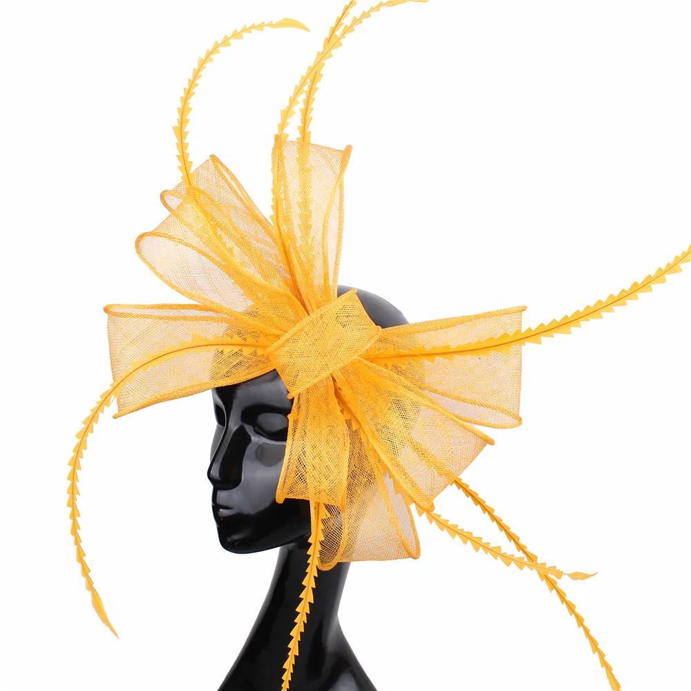 Очаровательные Элегантные церковные шляпы sinamay, головной убор для невесты, головной убор для волос, винтажная женская шляпа с перьями, модная шляпа с большим бантом - Цвет: Цвет: желтый