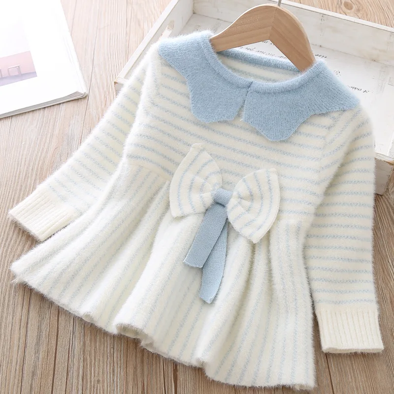 Humor Bear/осень-зима г., новое Полосатое вязаное платье для девочек бархатный свитер с длинными рукавами в европейском и американском стиле для маленьких девочек - Цвет: BZ538 sky blue