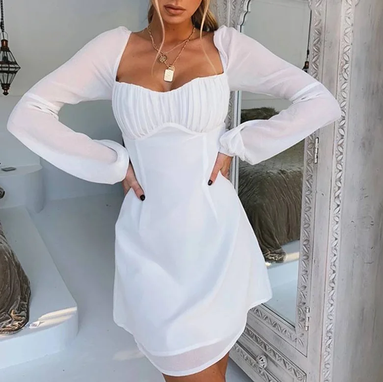 Vogue женское сексуальное шифоновое платье с открытой спиной винтажные прозрачные Мини платья с длинным рукавом Твердые квадратные шеи Твердые повязки Клубные Вечерние