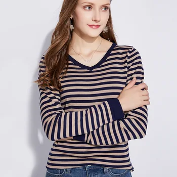 

HLBCBG New Autumn Winter Women Pullover Sweater Fashion Striped Designer Casual Jumper V-Neck Long Sleeves Female Sweater