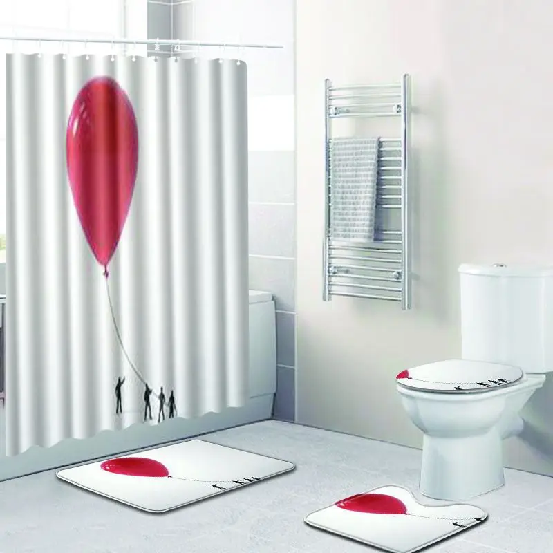 

4pcs/set Balloon Print Shower Curtain Polyester Waterproof Bath Curtain Modern Non-slip Bath Mat Washable Toilet Seat Cover Pad