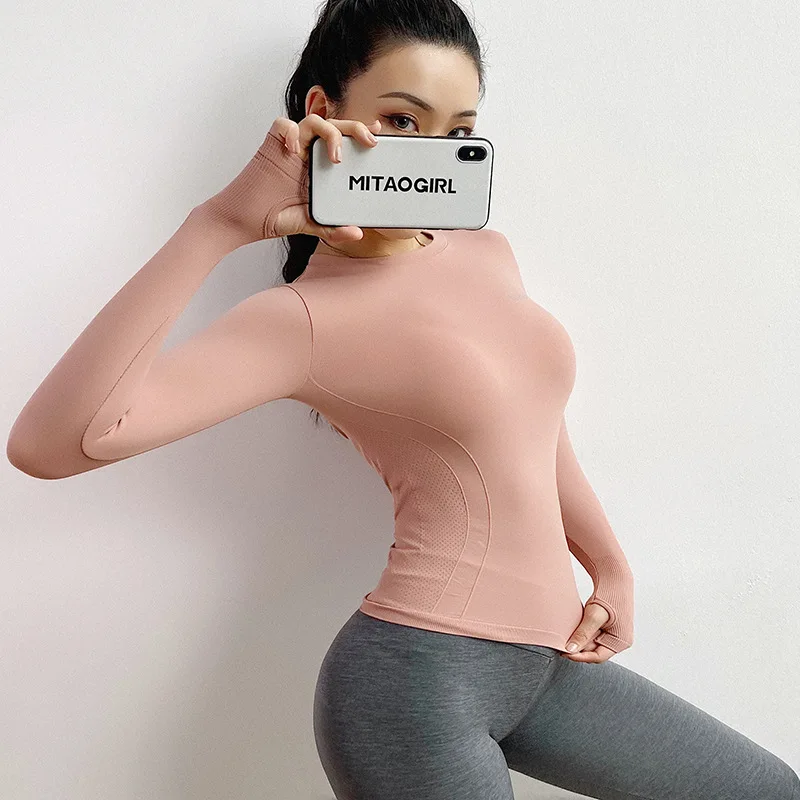salmon COLORVALUE, женская одежда с длинным рукавом для йоги, быстросохнущие спортивные футболки, Зимняя Красная рубашка для похудения, для фитнеса, бесшовная рубашка, Спортивная майка - Цвет: salmon