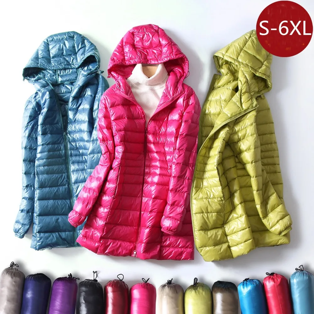 S~ 6XL осенне-зимняя женская куртка на белом утином пуху, тонкие парки, Дамское пальто, длинное пальто с капюшоном размера плюс, ультра светильник, верхняя одежда RH1056