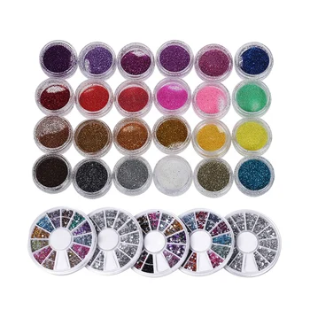 

29Pcs Nail Art Kit: 24 Pcs Colors Glitter Powder Glitter for False UV Gel Nail & 5Pcs Carousels Nail Art Rhinestones
