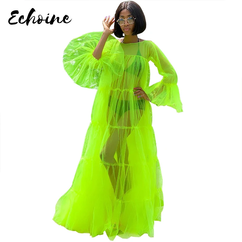 

Echoine Women Mesh Sheer Transparent Fluoresce Green Long Bell Sleeve Lace Maxi Dress See Through Party Clubwear Beach Dresses